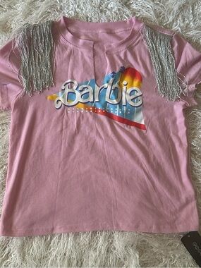 Barbie Pink Graphic Tee with Silver Fringe Shoulders